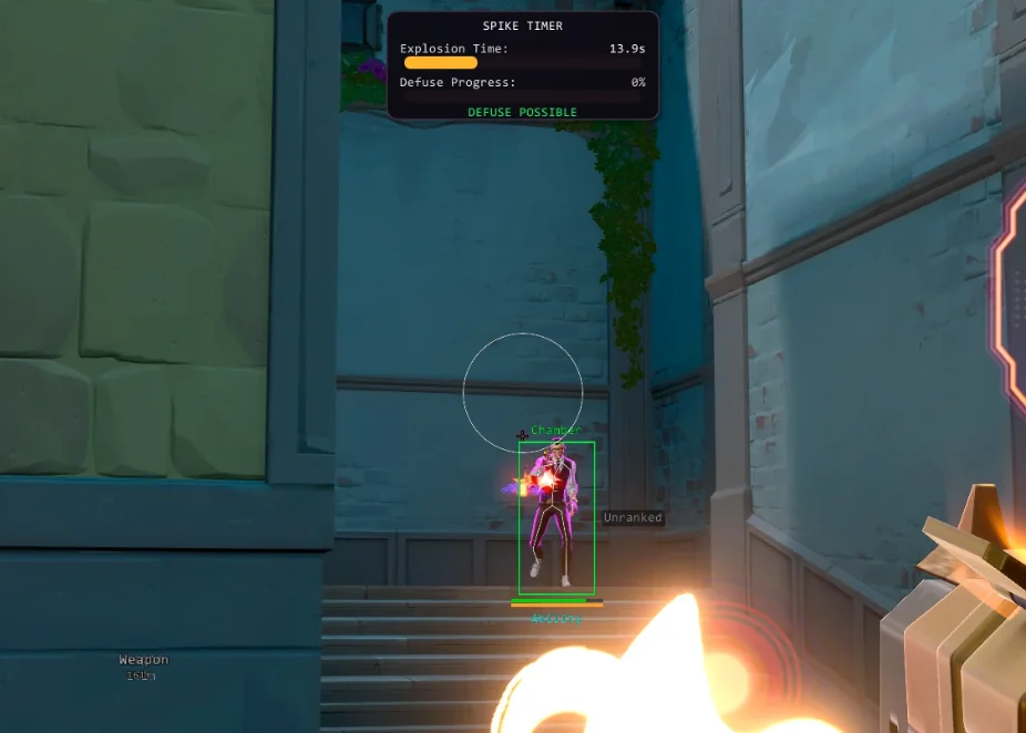 Valorant aimbot FOV circle locking onto Chamber in a corridor