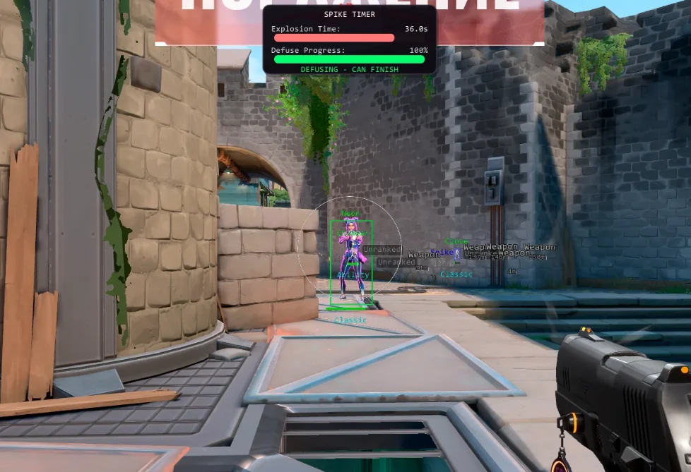 Spike timer and item ESP overlay during a Valorant round