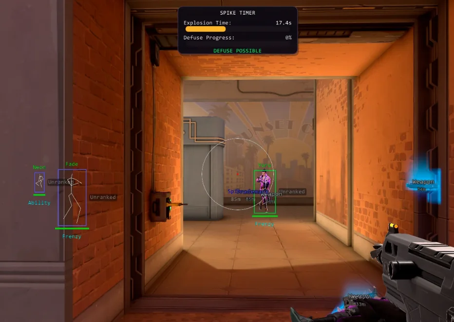 Valorant wallhack showing enemy skeletons through walls on Sunset
